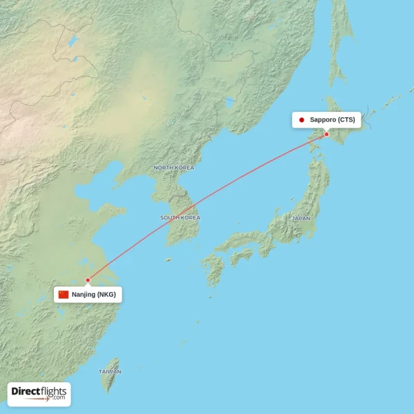 Nanjing - Sapporo direct flight map