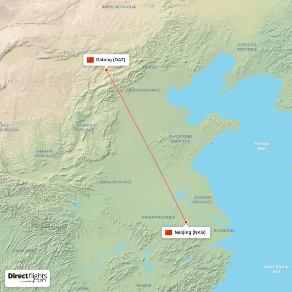 Nanjing - Datong direct flight map