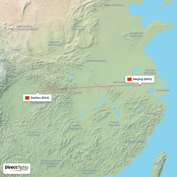 Nanjing - Dazhou direct flight map