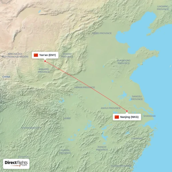 Nanjing - Yan'an direct flight map