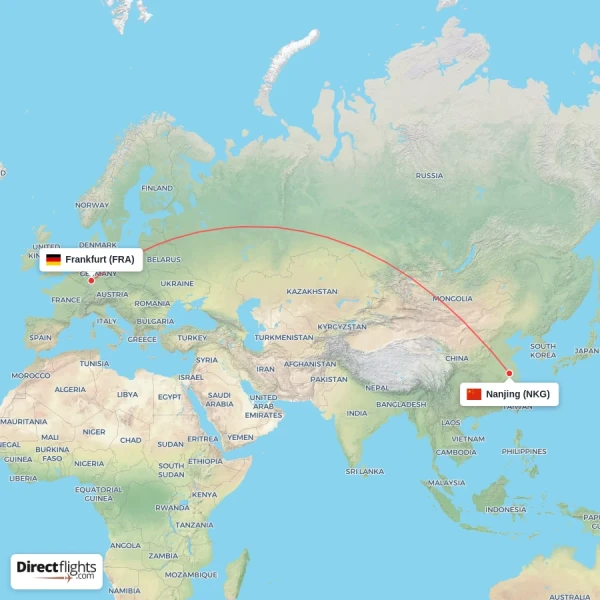 Nanjing - Frankfurt direct flight map
