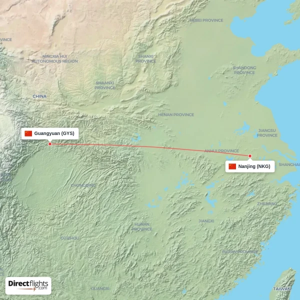 Nanjing - Guangyuan direct flight map