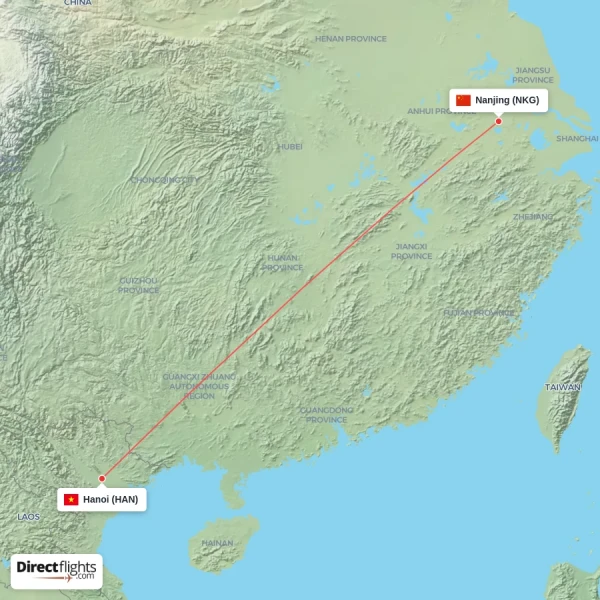 Nanjing - Hanoi direct flight map
