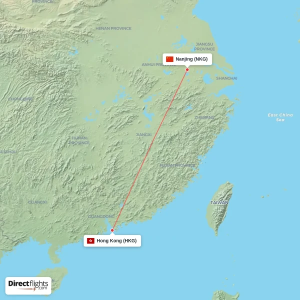 Nanjing - Hong Kong direct flight map