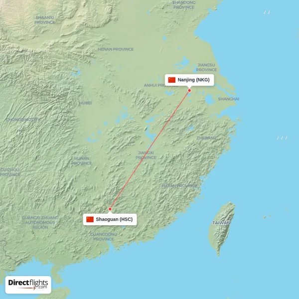 Nanjing - Shaoguan direct flight map