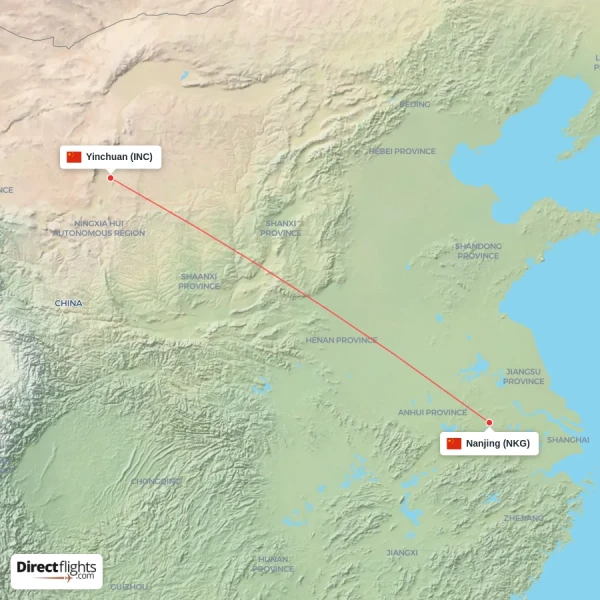 Nanjing - Yinchuan direct flight map