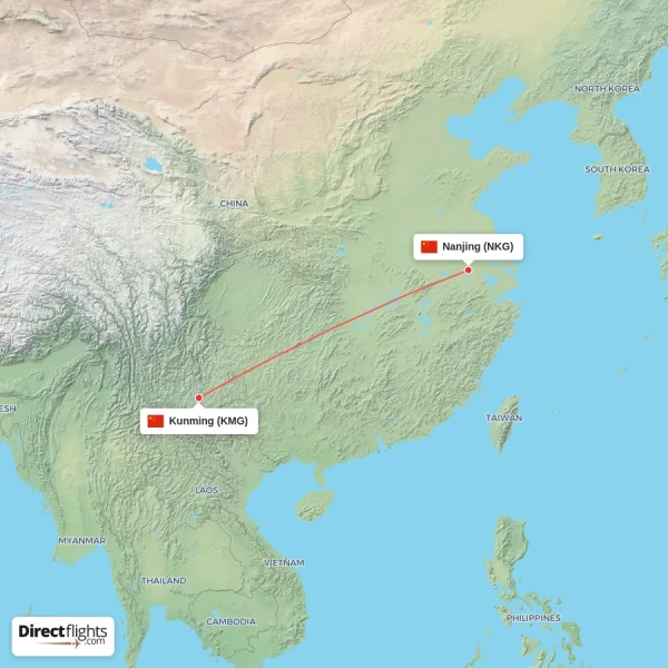 Nanjing - Kunming direct flight map
