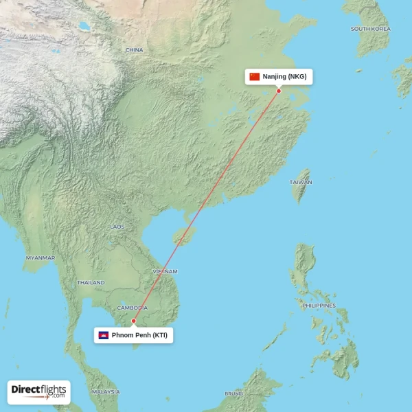Nanjing - Phnom Penh direct flight map