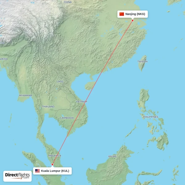 Nanjing - Kuala Lumpur direct flight map