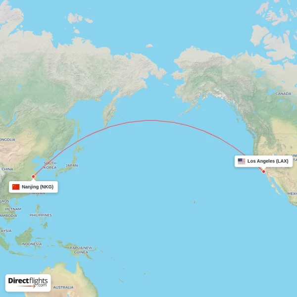 Nanjing - Los Angeles direct flight map