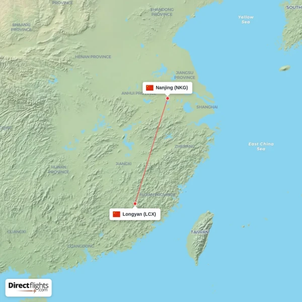 Nanjing - Longyan direct flight map