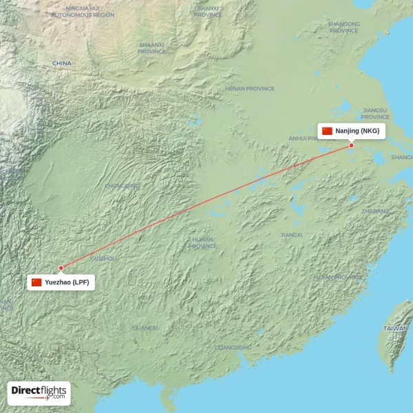 Nanjing - Yuezhao direct flight map