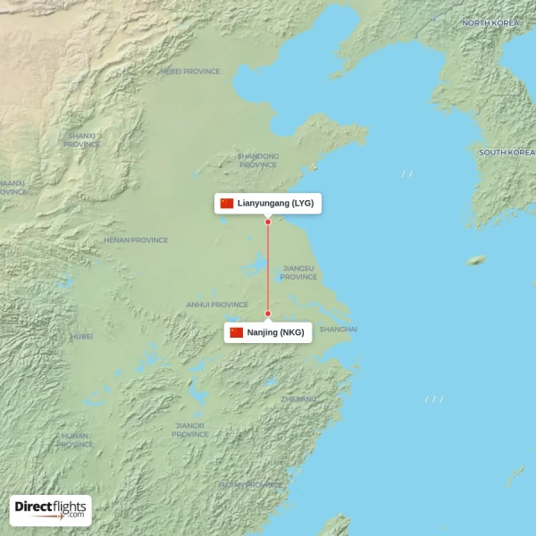 Nanjing - Lianyungang direct flight map