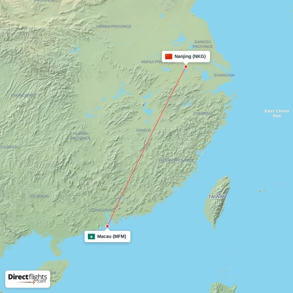 Nanjing - Macau direct flight map