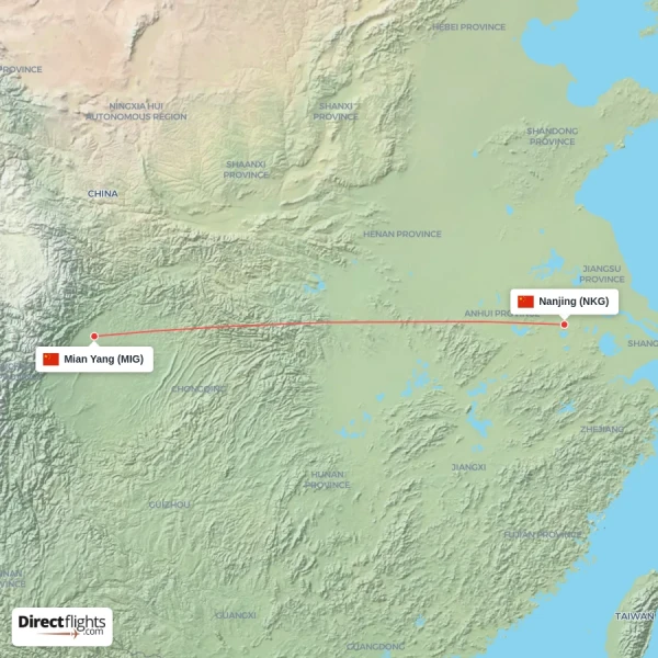 Nanjing - Mian Yang direct flight map