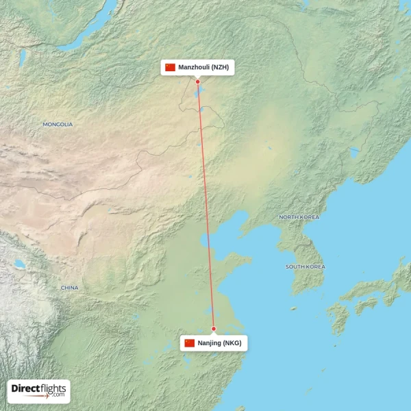 Nanjing - Manzhouli direct flight map