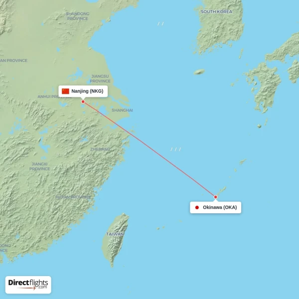 Nanjing - Okinawa direct flight map