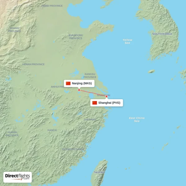 Nanjing - Shanghai direct flight map