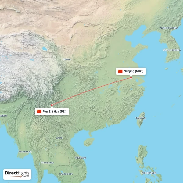 Nanjing - Pan Zhi Hua direct flight map