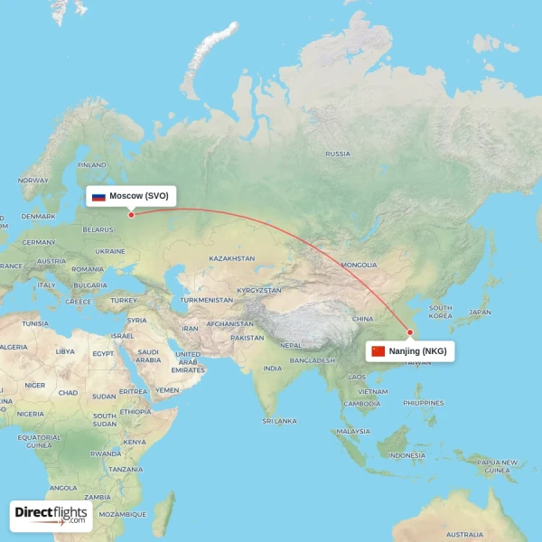Nanjing - Moscow direct flight map