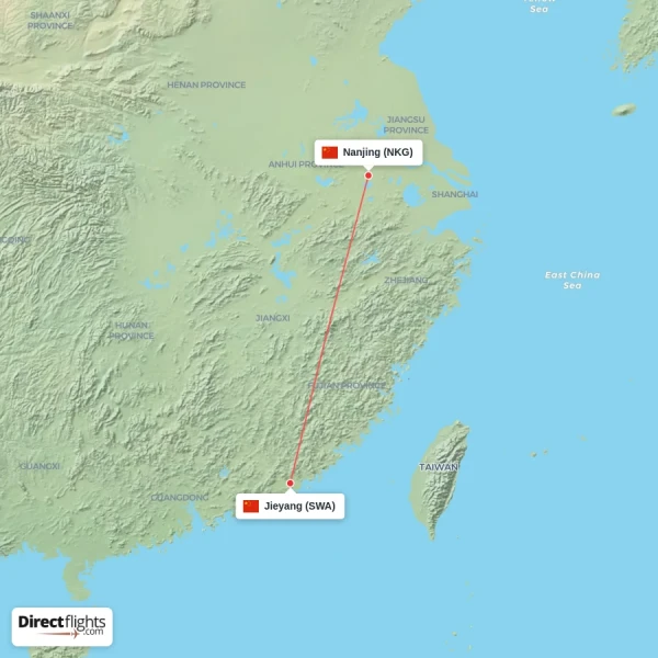 Nanjing - Jieyang direct flight map