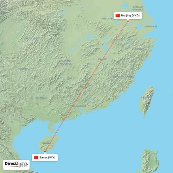 Nanjing - Sanya direct flight map