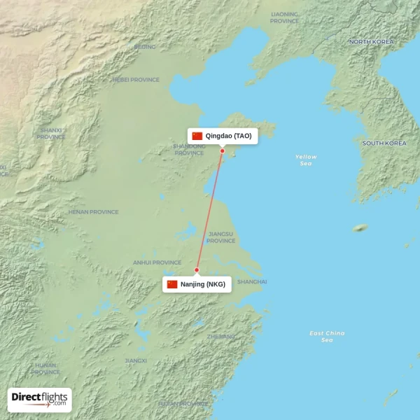 Nanjing - Qingdao direct flight map