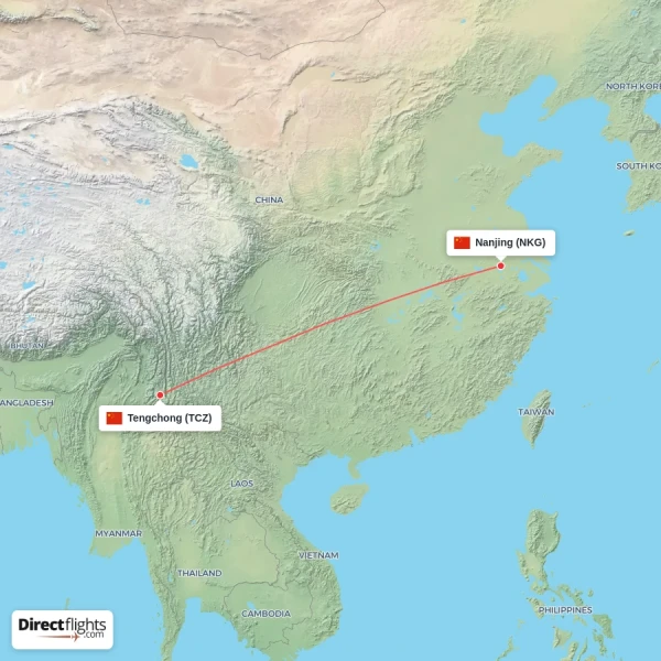 Nanjing - Tengchong direct flight map