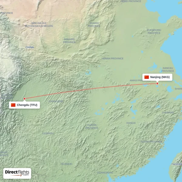 Nanjing - Chengdu direct flight map