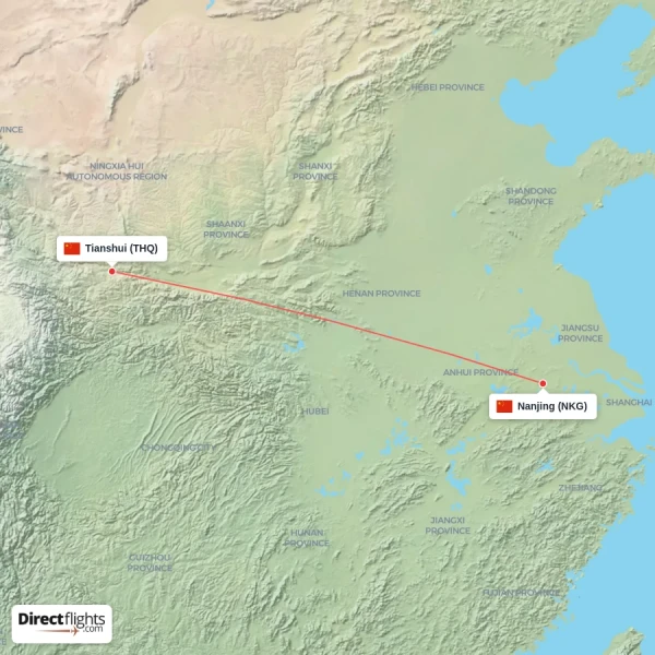 Nanjing - Tianshui direct flight map