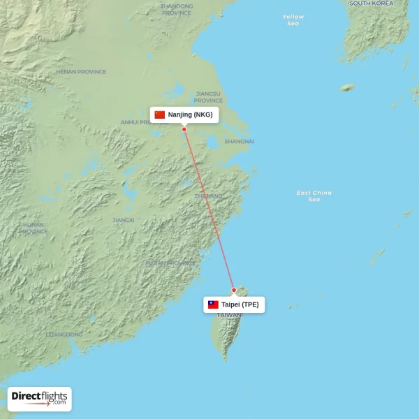 Nanjing - Taipei direct flight map