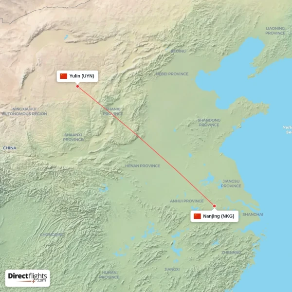 Nanjing - Yulin direct flight map