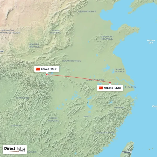 Nanjing - Shiyan direct flight map