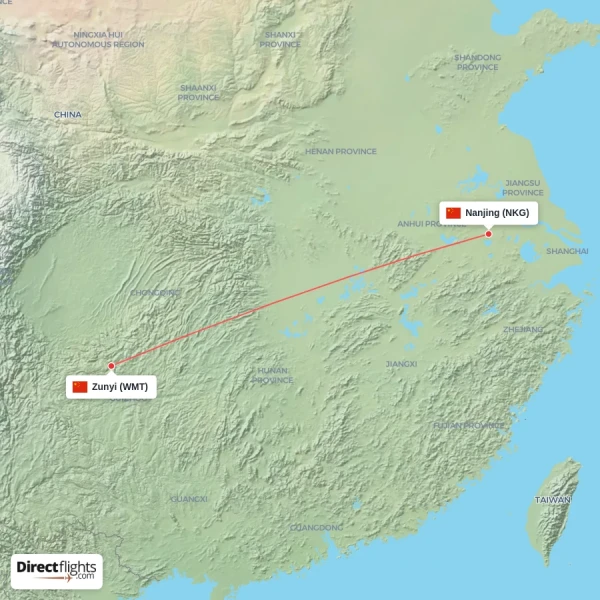 Nanjing - Zunyi direct flight map