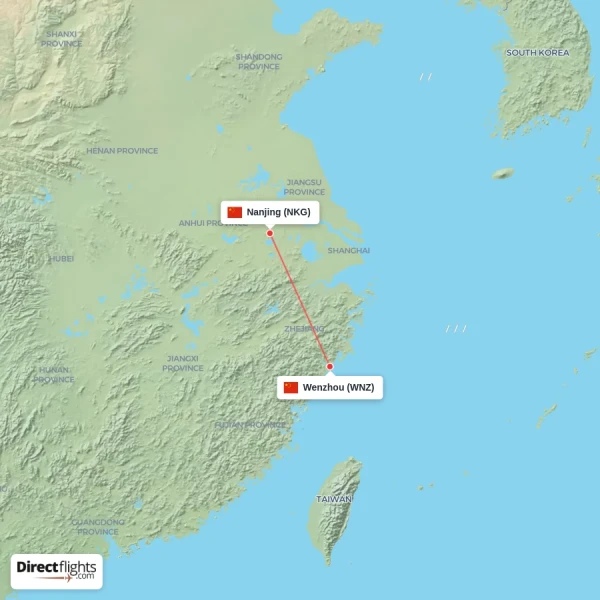 Nanjing - Wenzhou direct flight map