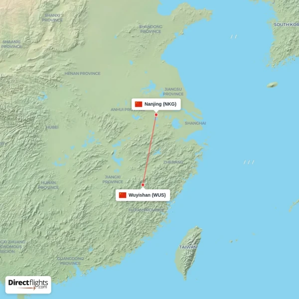 Nanjing - Wuyishan direct flight map