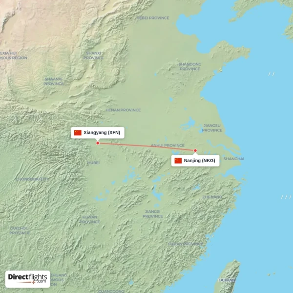 Nanjing - Xiangyang direct flight map