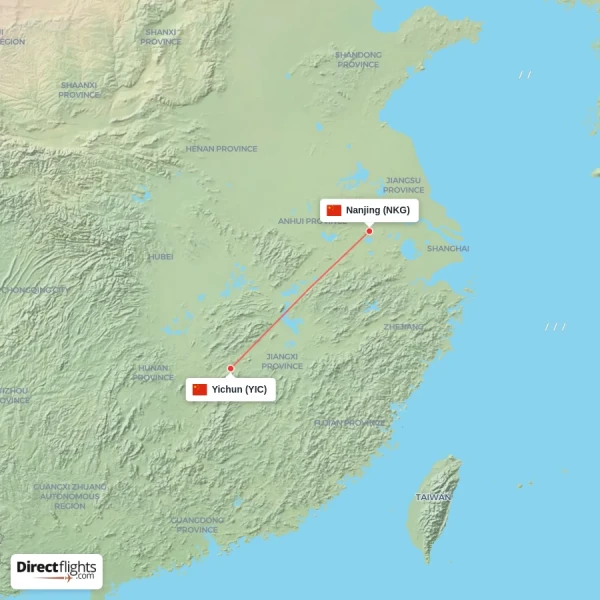 Nanjing - Yichun direct flight map