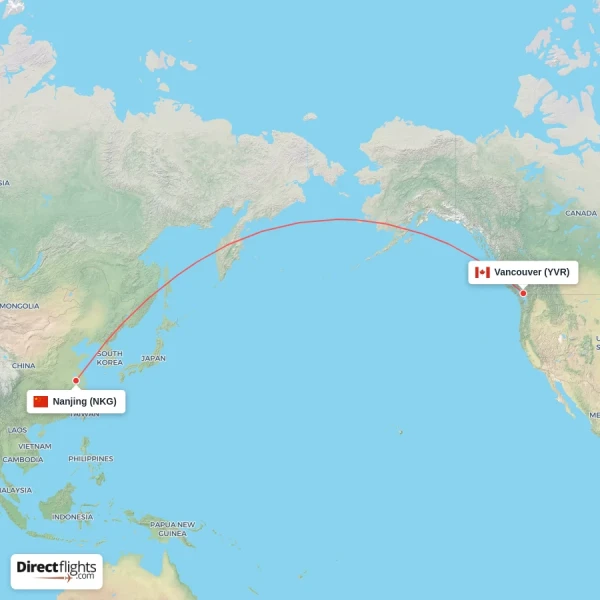 Nanjing - Vancouver direct flight map