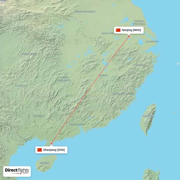 Nanjing - Zhanjiang direct flight map