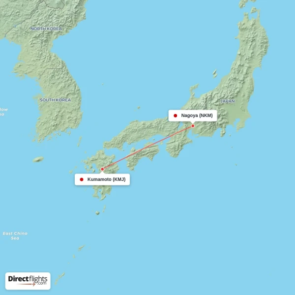 Nagoya - Kumamoto direct flight map