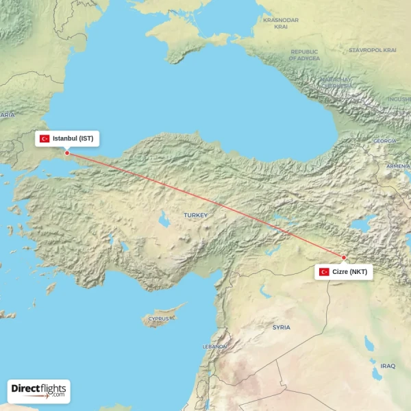 Cizre - Istanbul direct flight map