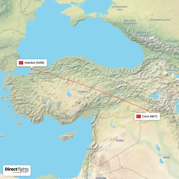 Cizre - Istanbul direct flight map