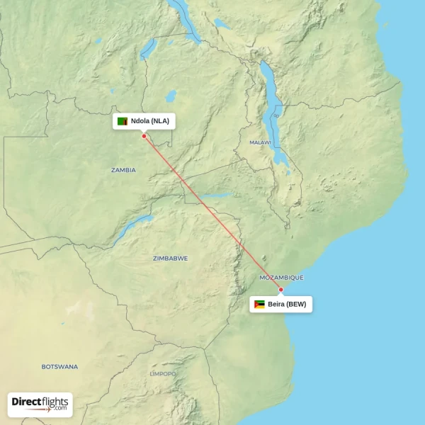 Ndola - Beira direct flight map
