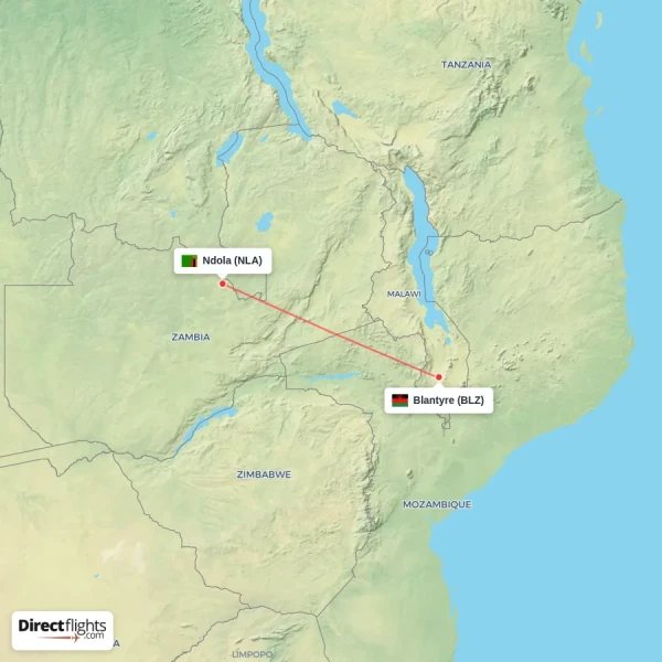 Ndola - Blantyre direct flight map
