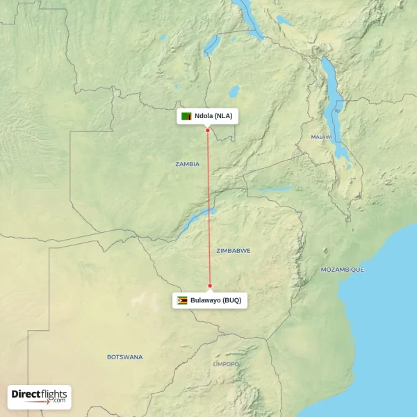 Ndola - Bulawayo direct flight map