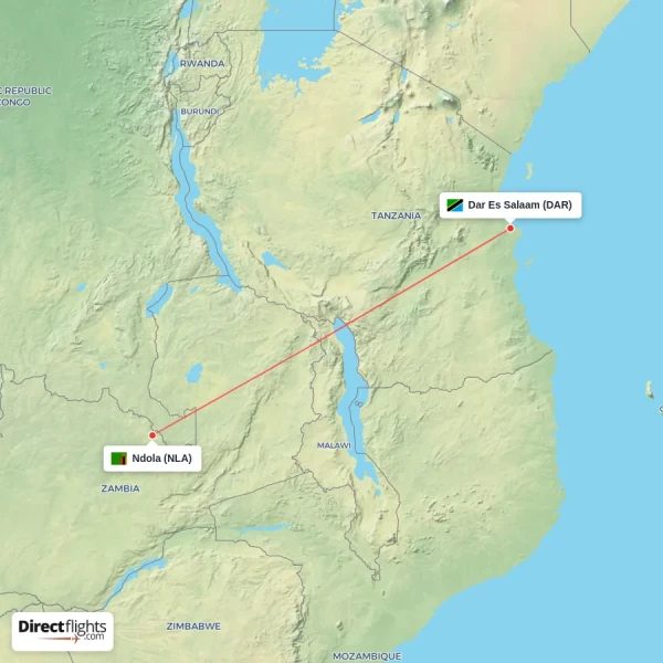 Ndola - Dar Es Salaam direct flight map