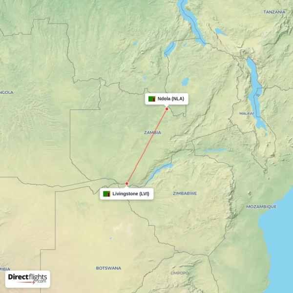 Ndola - Livingstone direct flight map