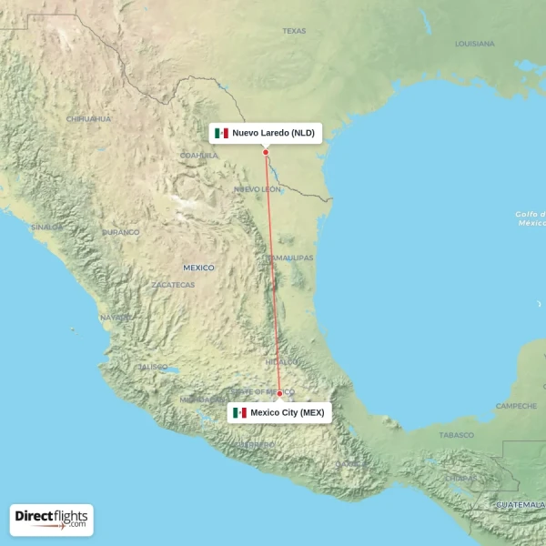 Nuevo Laredo - Mexico City direct flight map