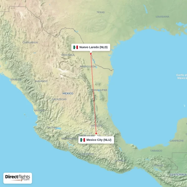Nuevo Laredo - Mexico City direct flight map